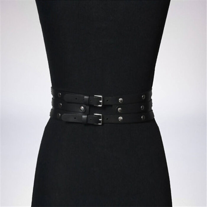Women Black Leather Waist Belts Sexy Body Harness 3 Layer PU Metal Hoop Patchwork Rivet Belt for Lady - Image 3