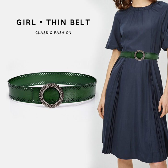 Green Women Belt No Hole Ladies Belts For Dresses Real Leather - Image 1