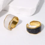 Black & White Gold Stainless Steel Ring for Women – Adjustable Waterproof & Tarnish-Free
